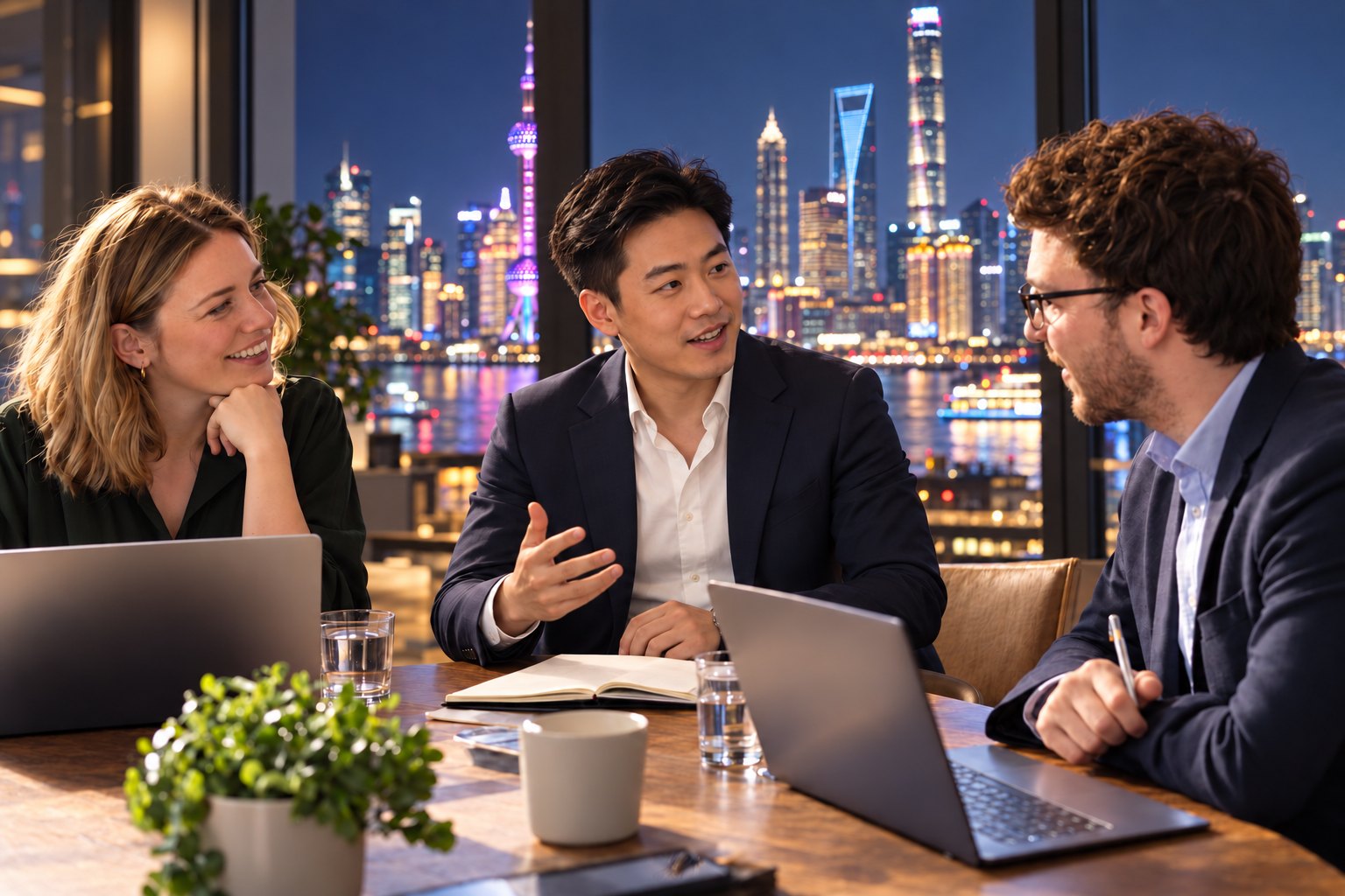Chinese consultant leading a meeting with British colleagues, Shanghai skyline at night behind them